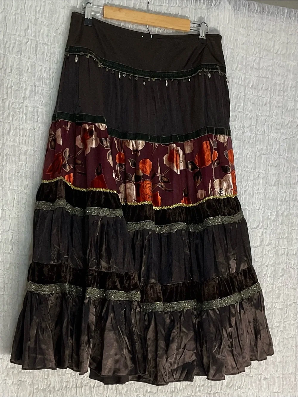 Lulumari Women’s Large Brown Floral Tiered Maxi Skirt Velvet Beaded Boho Y2K